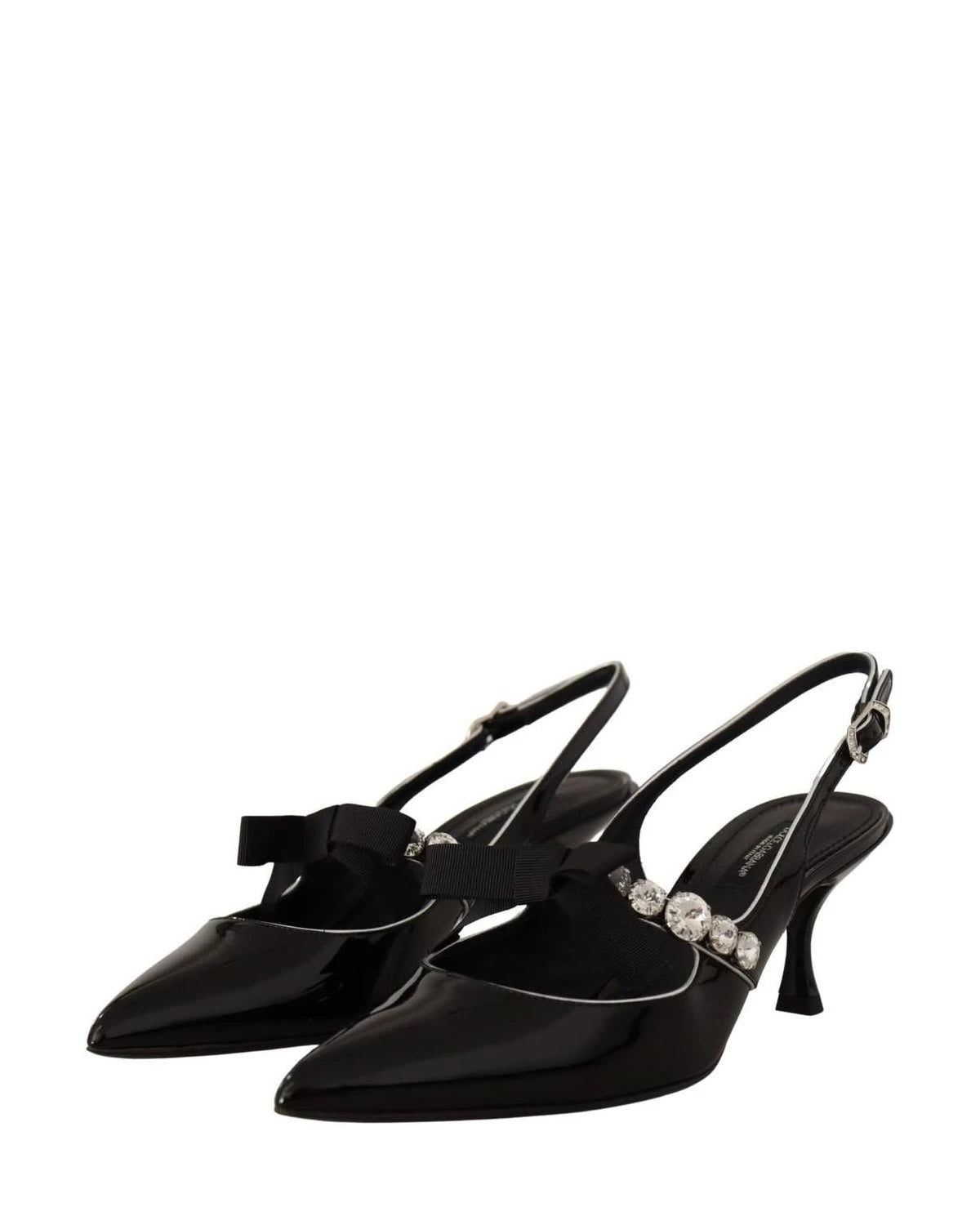Dolce & Gabbana Black Leather Patent Crystal Slingbacks Shoes Heels