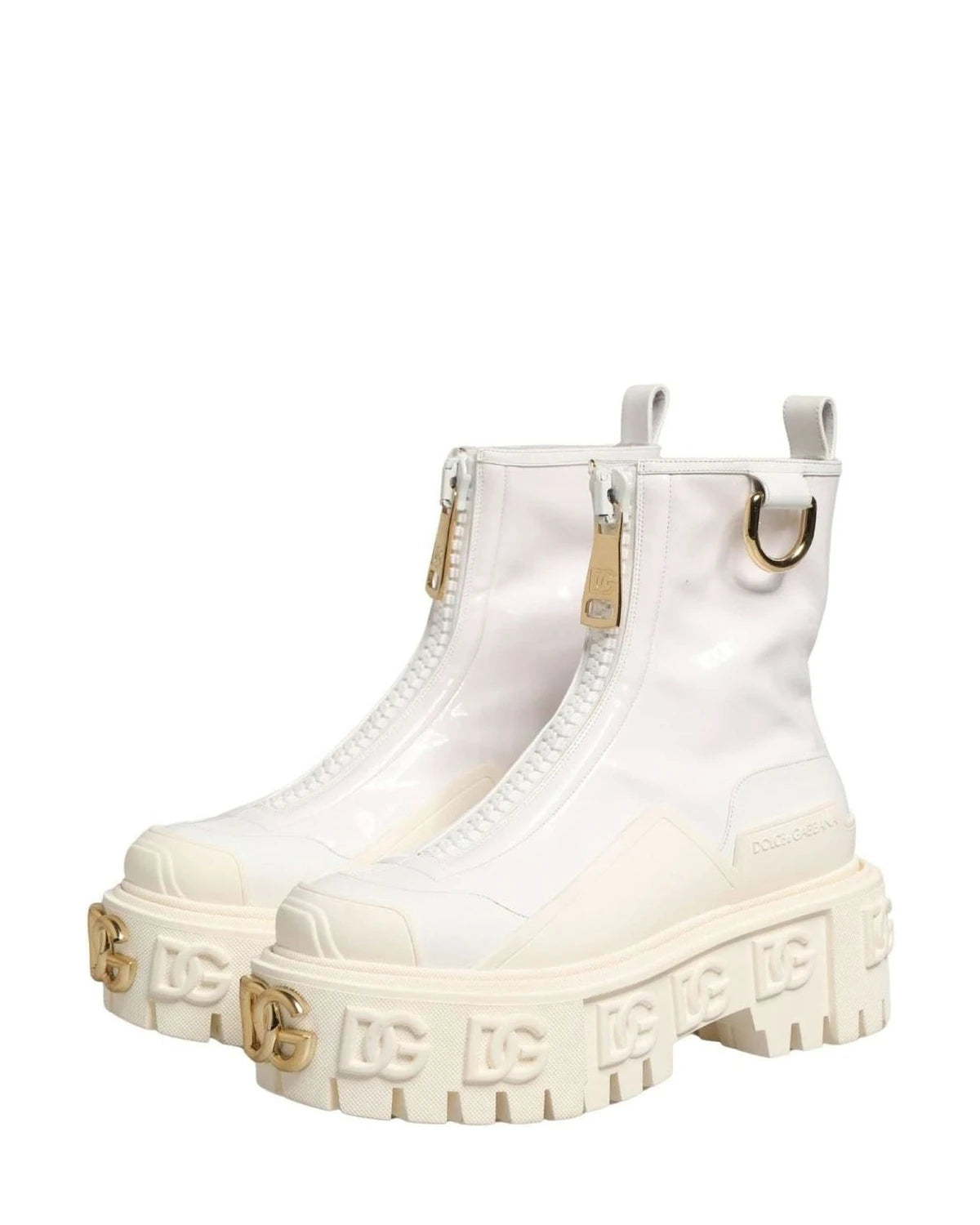 Dolce & Gabbana White Leather Rubber Logo Ankle Boots