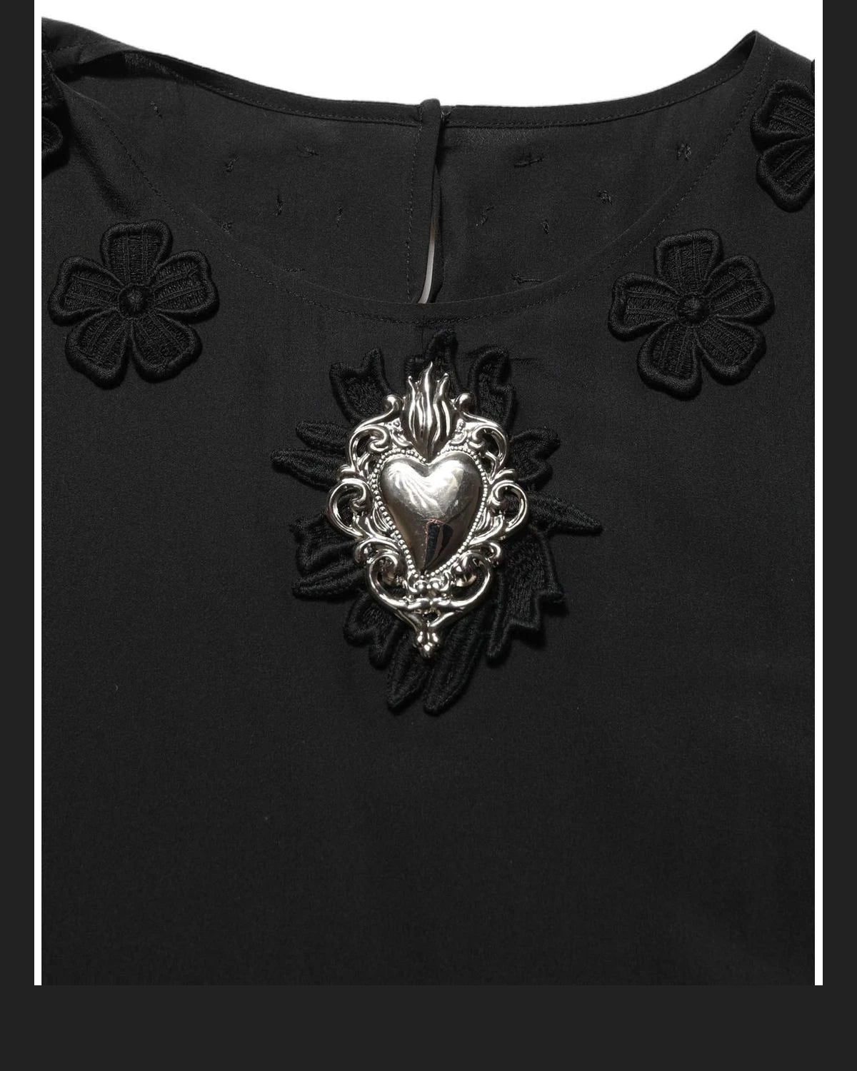 Black Floral Silk Heart Appliqué Blouse Top