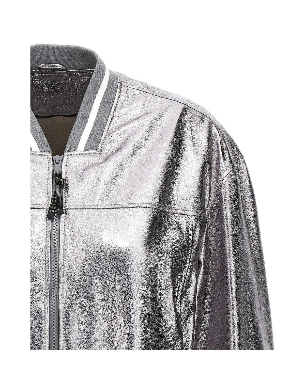 Brunello Cucinelli Bomber Jacket in silver, Leather — view 3