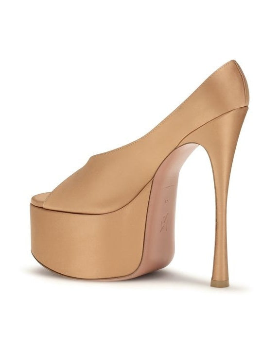 Amina Muaddi Beige Silk Platform Pumps