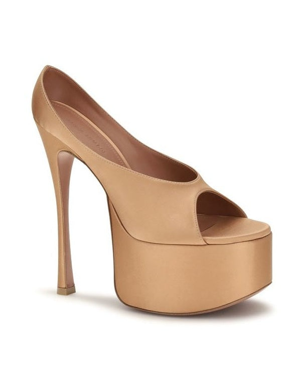 Amina Muaddi Beige Silk Platform Pumps