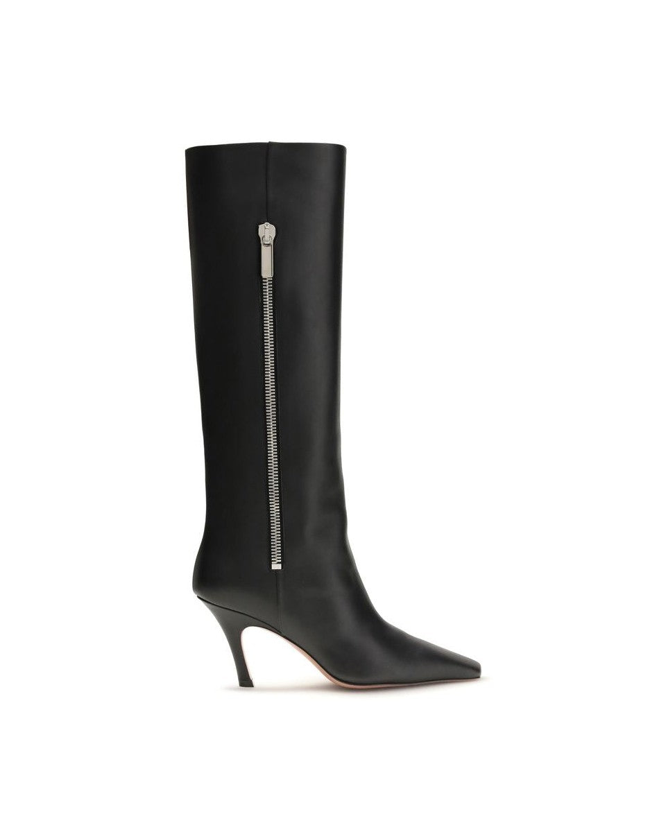 Amina Muaddi Black Calf Leather Bos Taurus High Heel Boots Glam Steals
