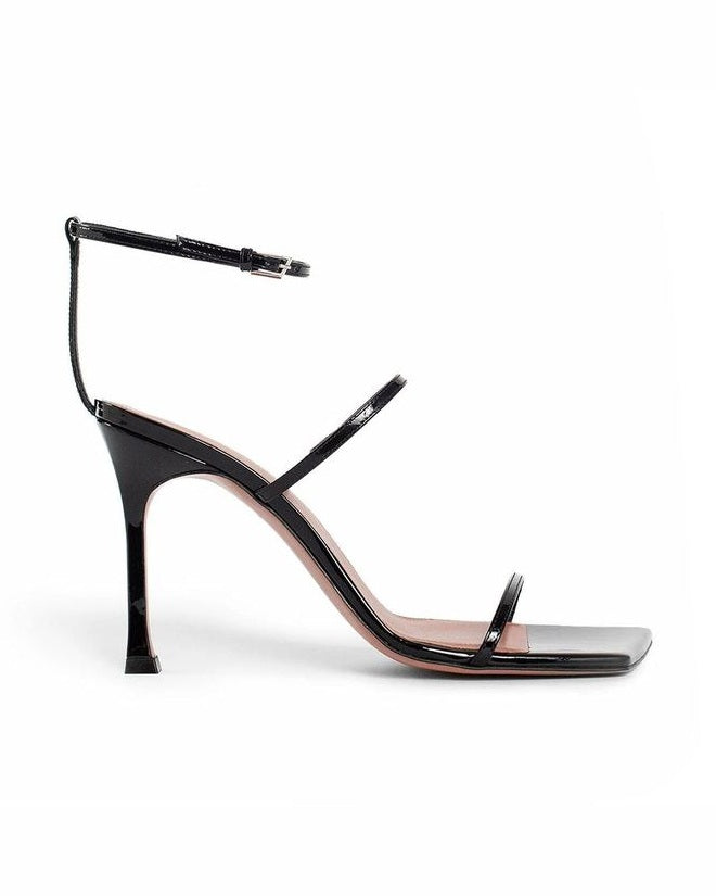Amina Muaddi Black Calfskin Stiletto Heel Sandals Glam Steals