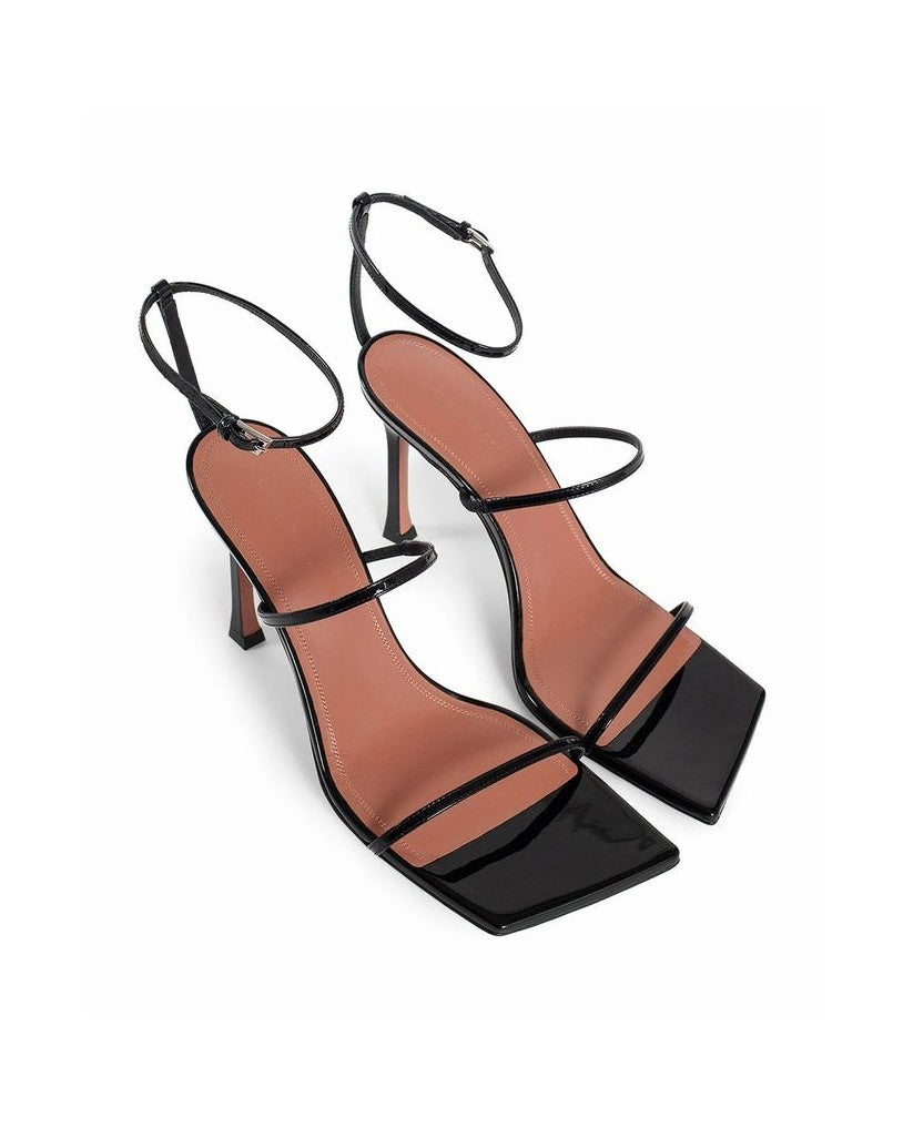 Amina Muaddi Black Calfskin Stiletto Heel Sandals Glam Steals
