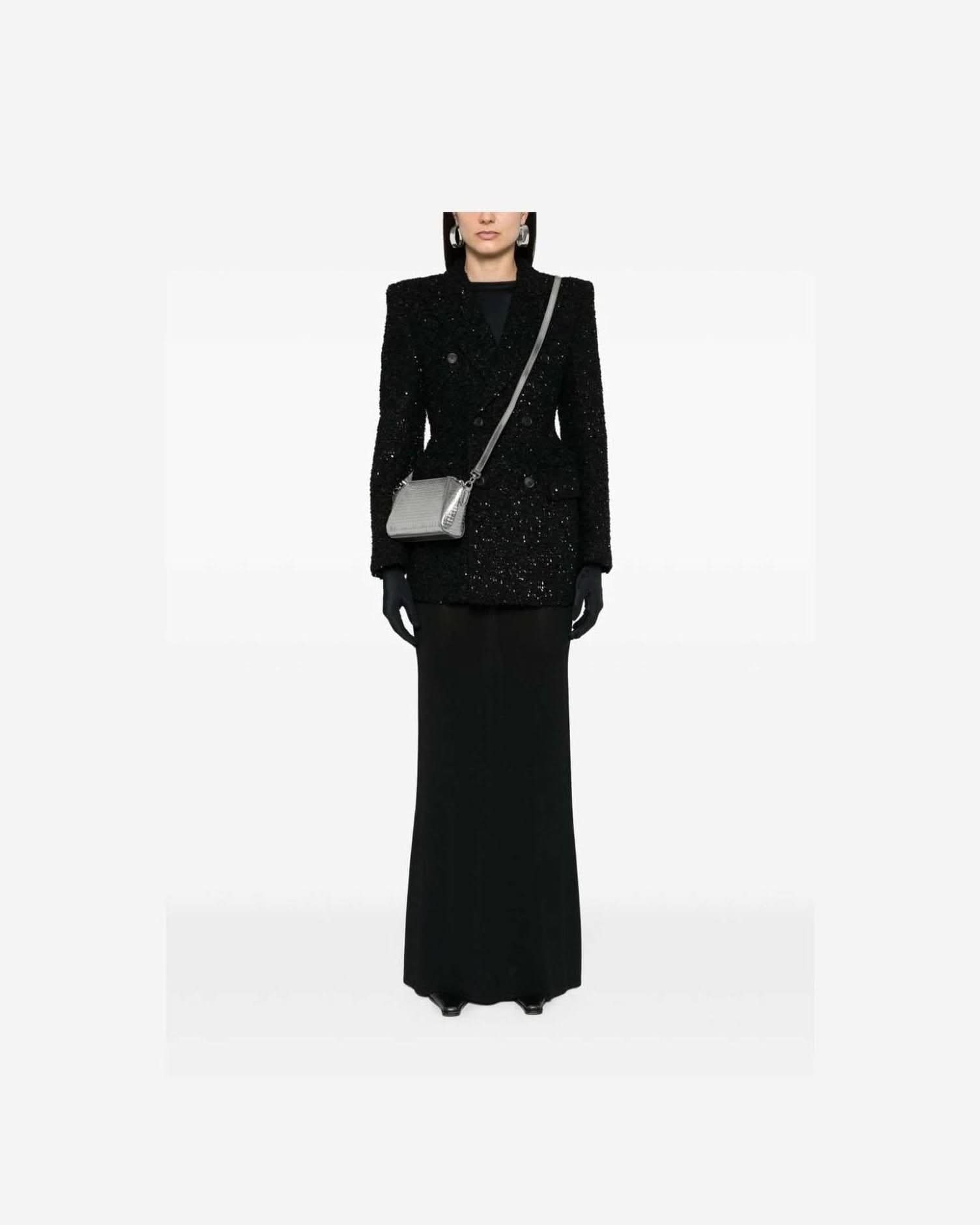 Balenciaga Tweed Hourglass Texture Padded Shoulder Wool Blend Blazer Suits