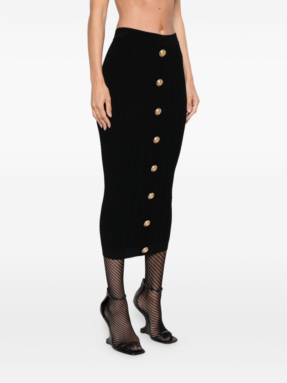 Balmain Cable Knit Button Front Midi Fitted Skirt Glam Steals