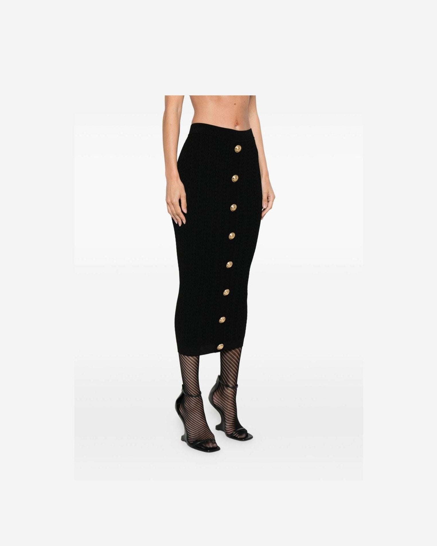 Balmain Cable Knit Button Front Midi Fitted Skirt Glam Steals