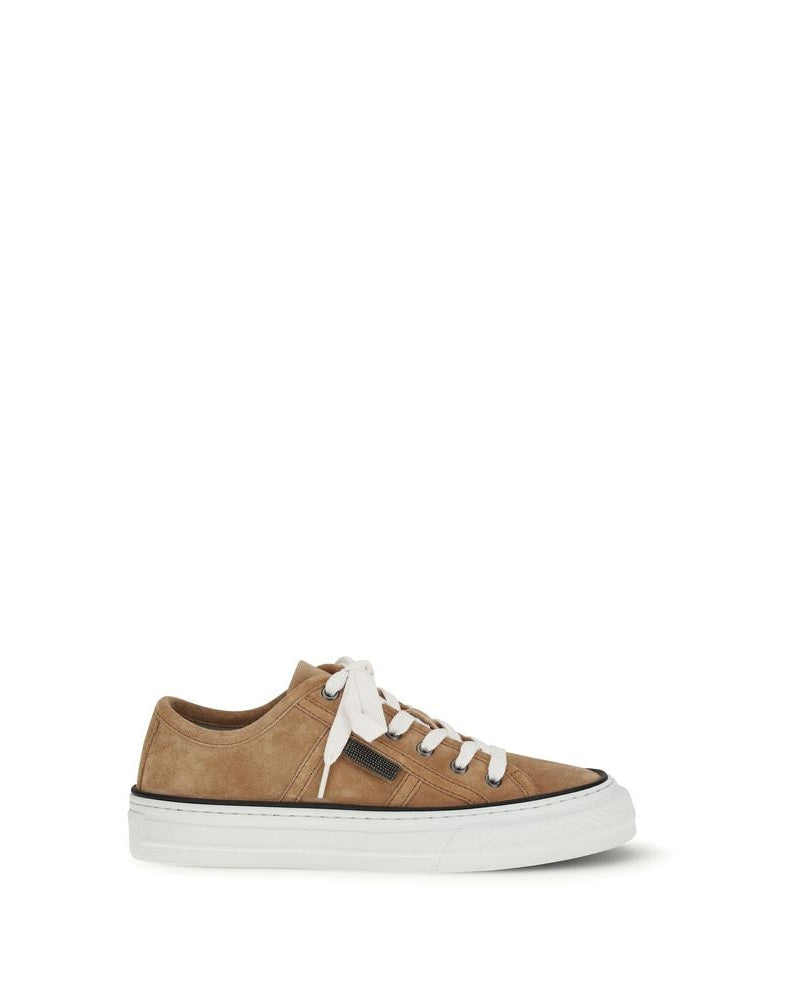 Brunello Cucinelli Beige Calf Leather Bos Taurus Low Top Sneakers