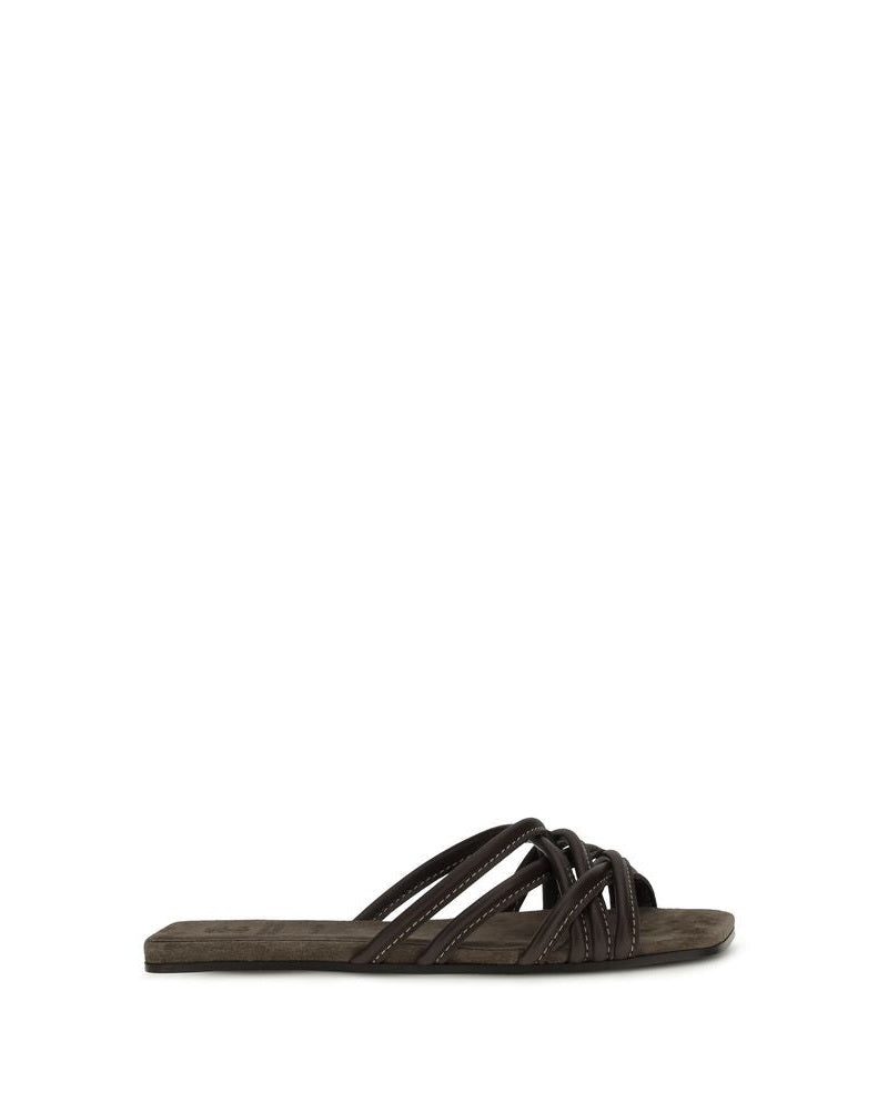 Brunello Cucinelli Brown Calf Leather Bos Taurus Flat Sandals