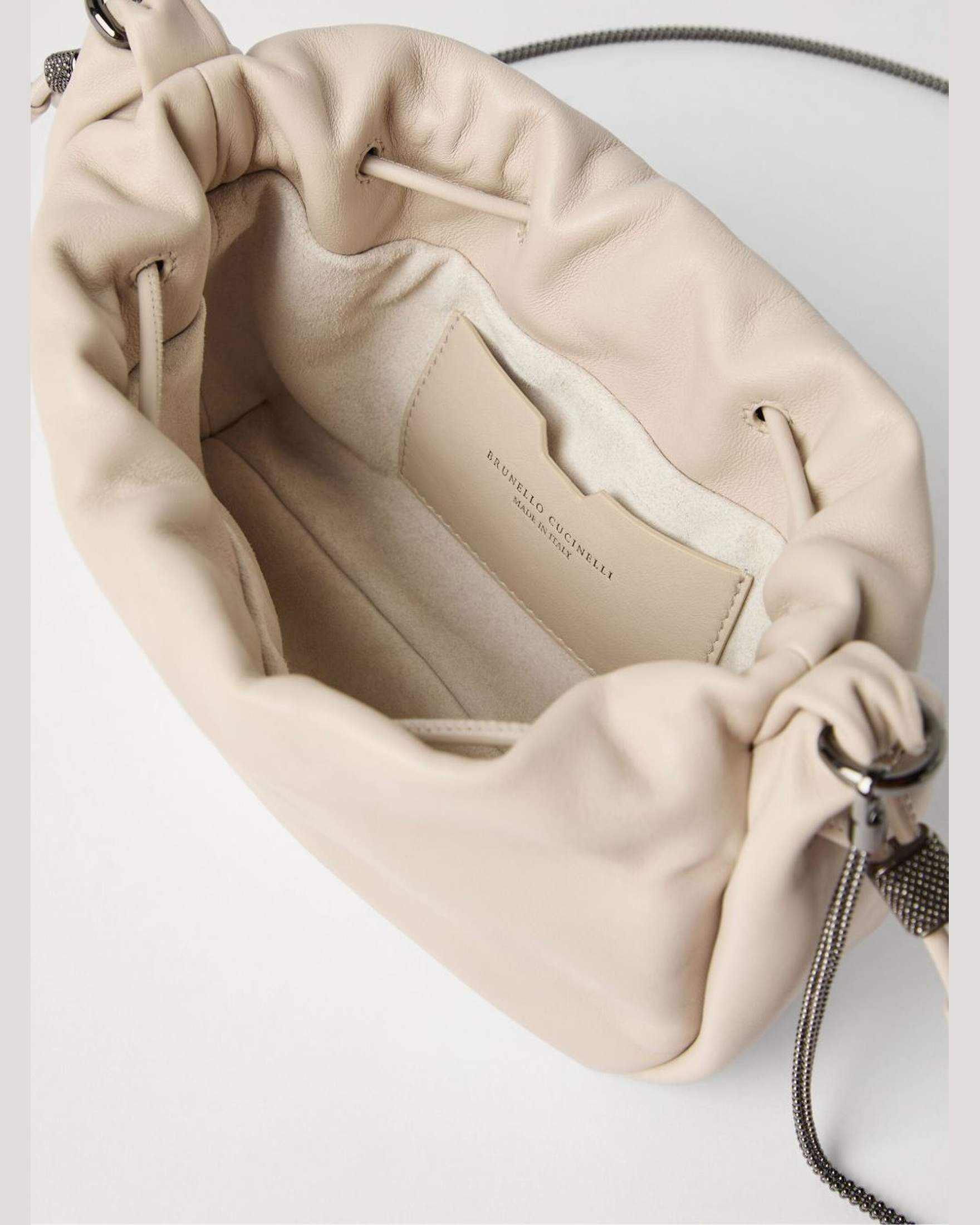 Brunello Cucinelli Leather Bucket Mellow Mini Bag in Soft with Precious Chain Glam Steals