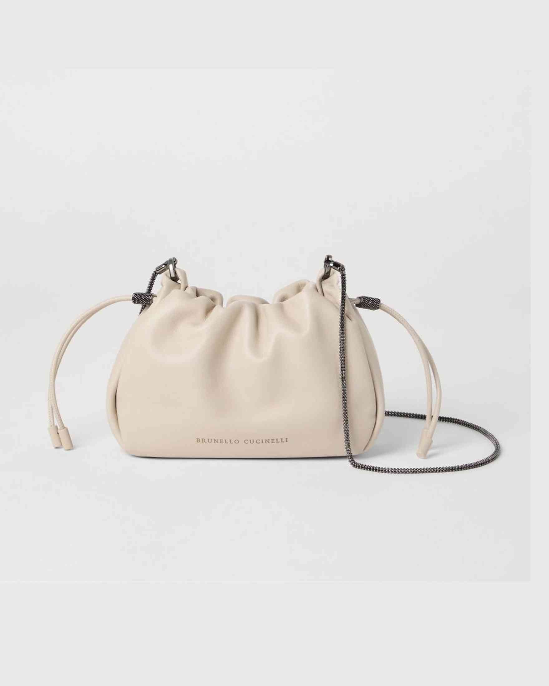Brunello Cucinelli Leather Bucket Mellow Mini Bag in Soft with Precious Chain Glam Steals