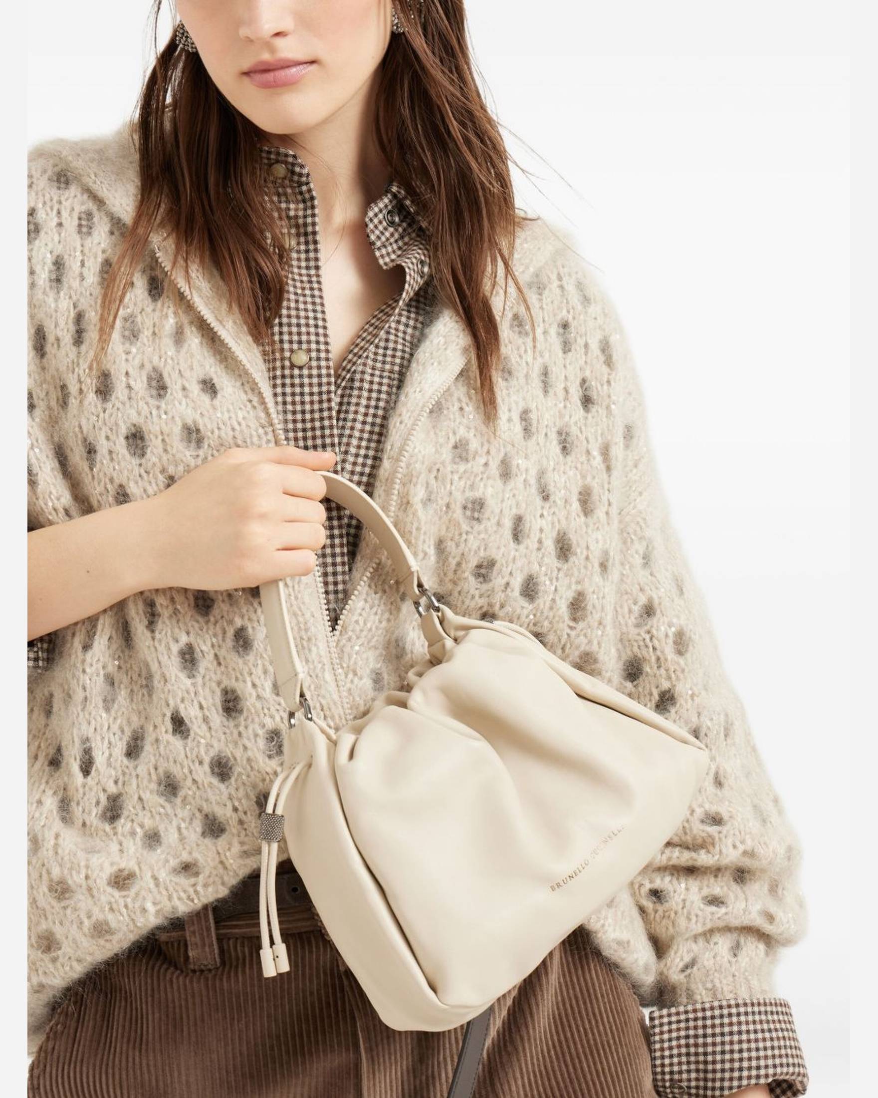Brunello Cucinelli Leather Mellow Small Bucket Bag in Soft with Monili Glam Steals