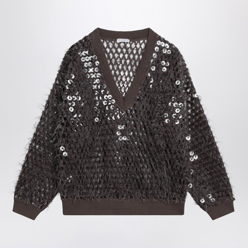 Brunello Cucinelli Mesh Chocolate Top with Sequins Glam Steals
