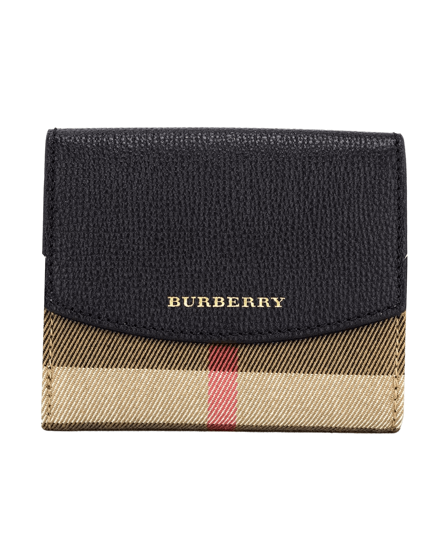 Burberry Luna Black Grained Leather House Check Canvas Coin Pouch Snap Wallet Glam Steals