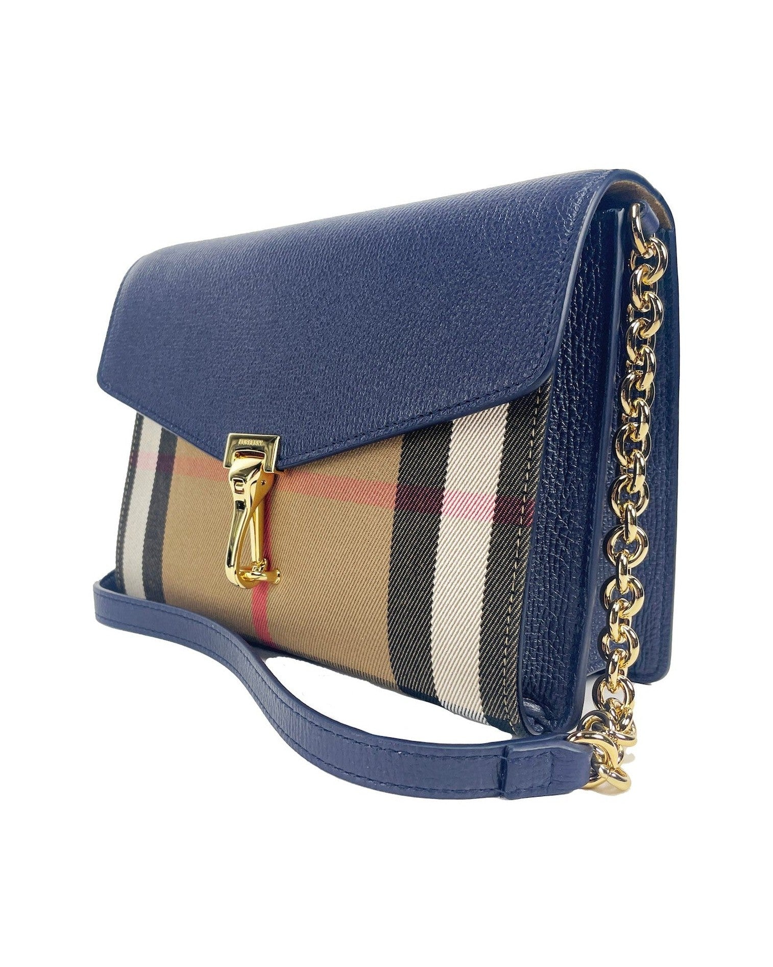 Burberry Macken Small Regency House Check Leather Crossbody Blue Bag Glam Steals