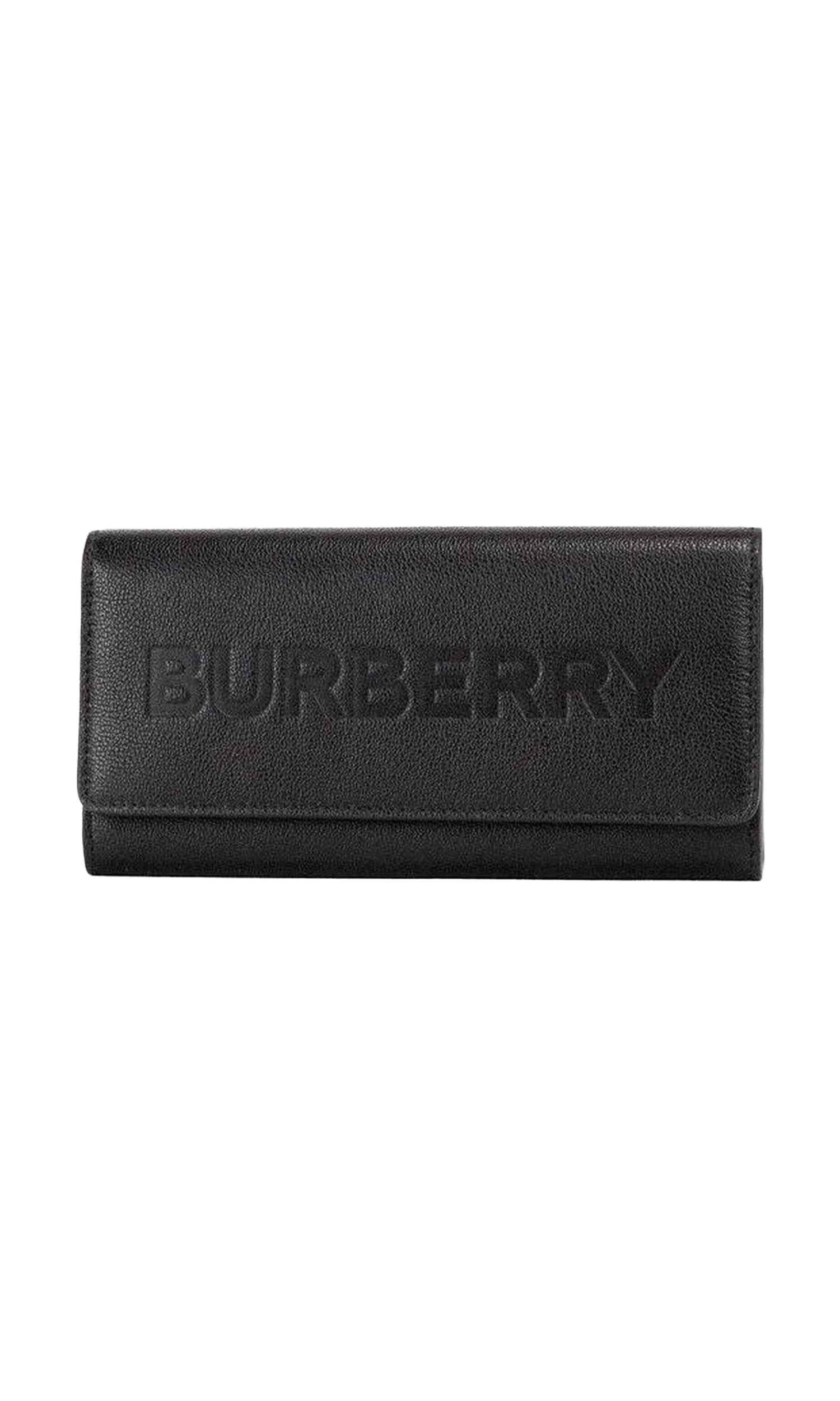 Burberry Porter Grained Leather Branded Logo Embossed Clutch Flap Black Wallet Glam Steals