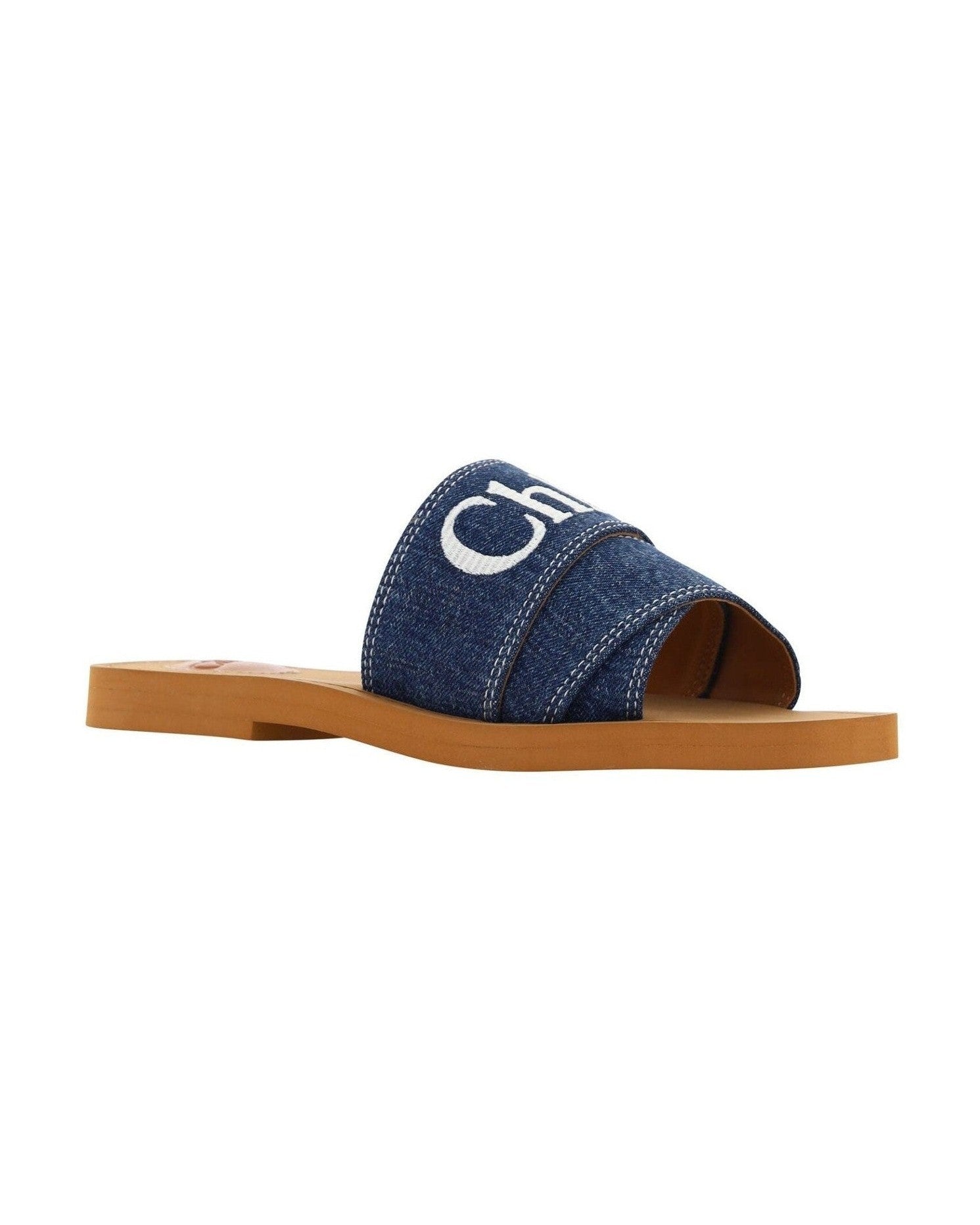 Chloé Cotton Blue Sumptuous Woody Slide Sandals In Denim Slippers