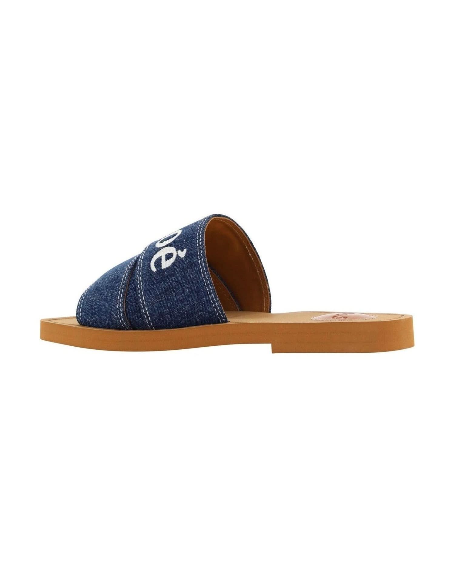 Chloé Cotton Blue Sumptuous Woody Slide Sandals In Denim Slippers