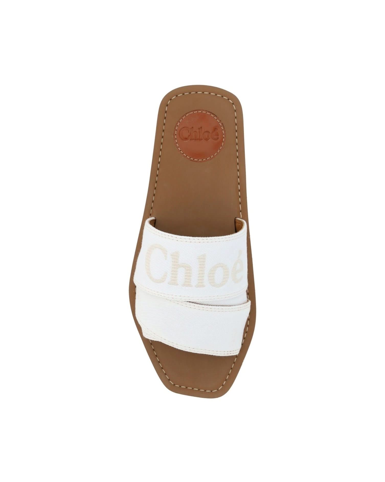 Chloé Elegant White Cotton Slide Sandals Flats