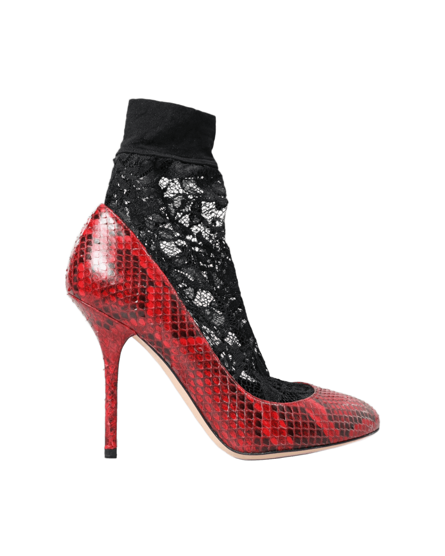 Dolce & Gabbana Snakeskin Almond Toe Pumps With Red Lace Socks Heels