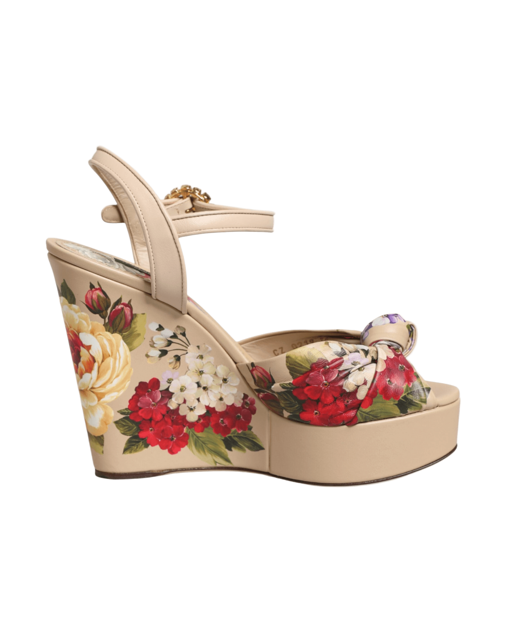 Dolce & Gabbana Beige Floral Ankle Strap Wedge Sandals Shoes Sandals