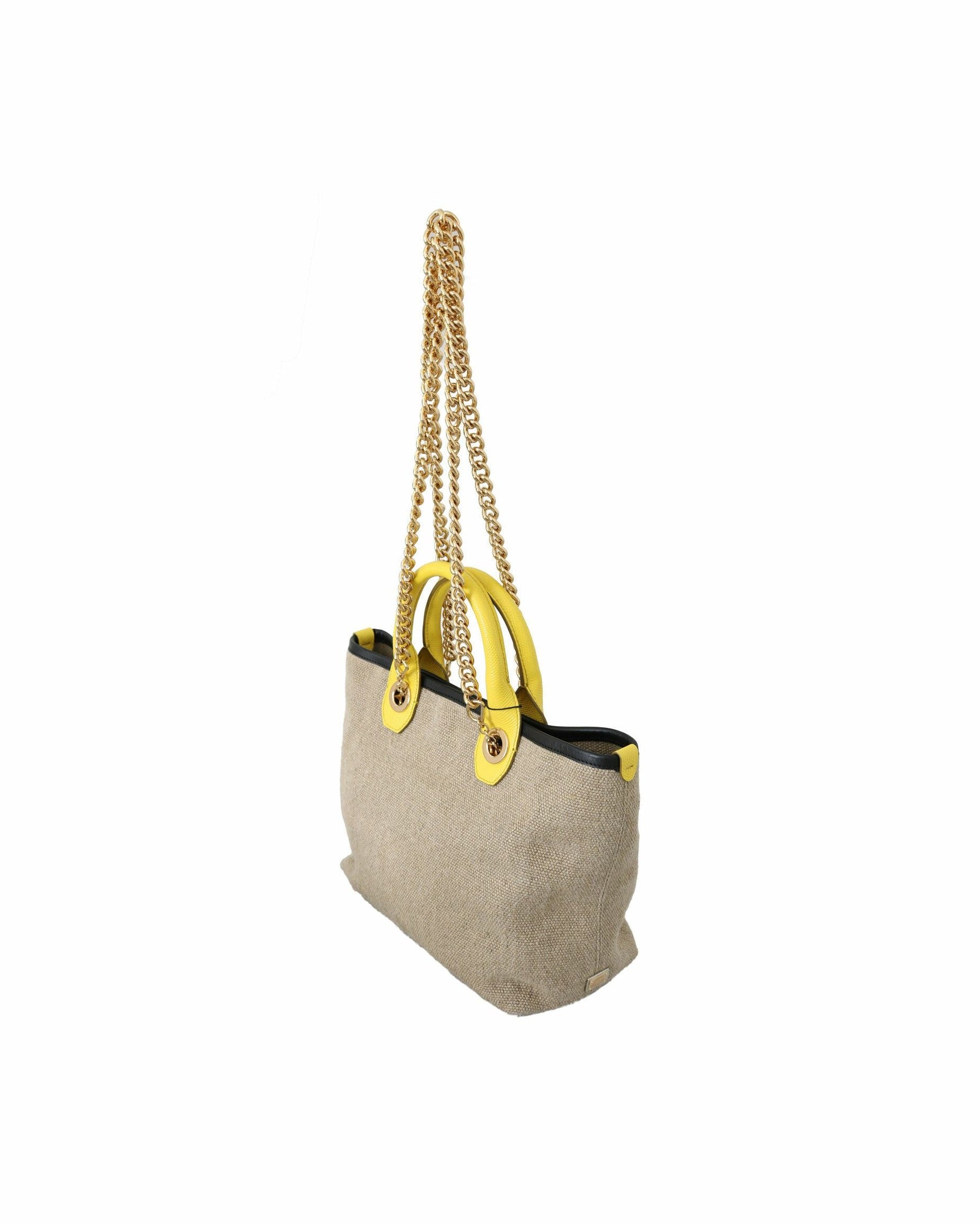 Dolce & Gabbana Beige Linen Calf Tote With Gold Chain Glam Steals