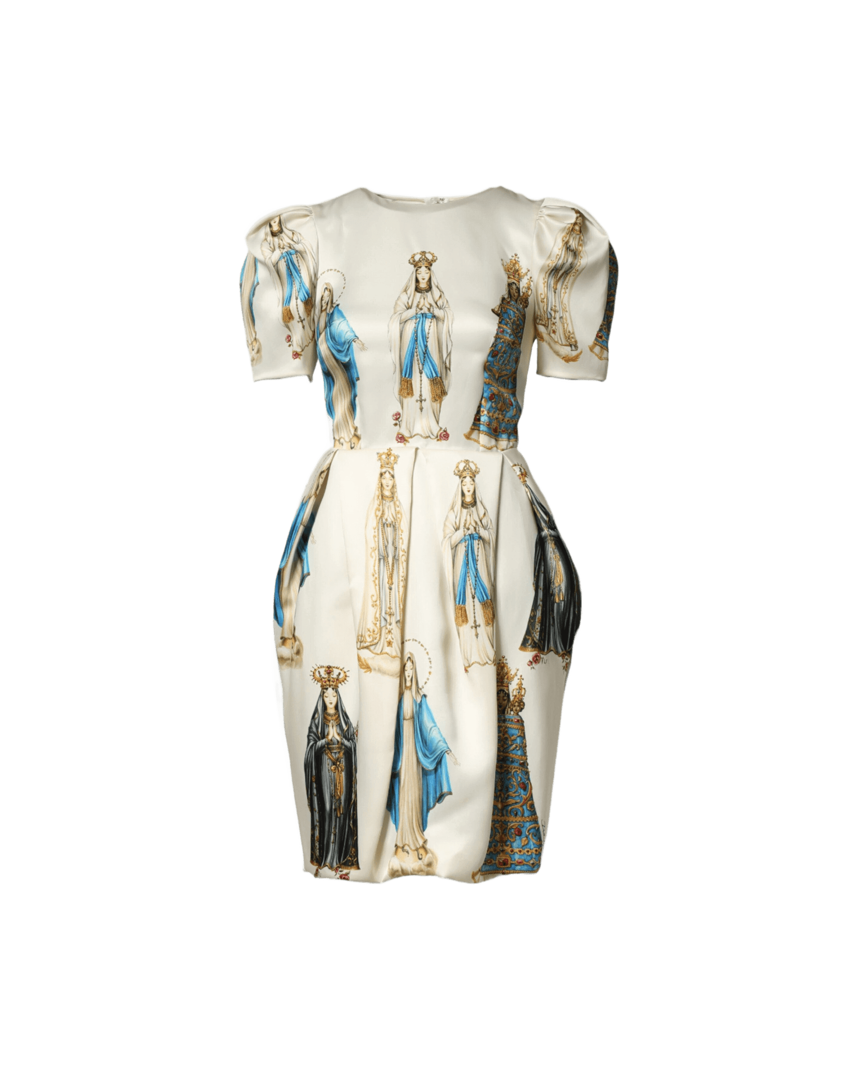 Dolce & Gabbana Beige Silk Madonne Print Short Sleeve Dress Dresses
