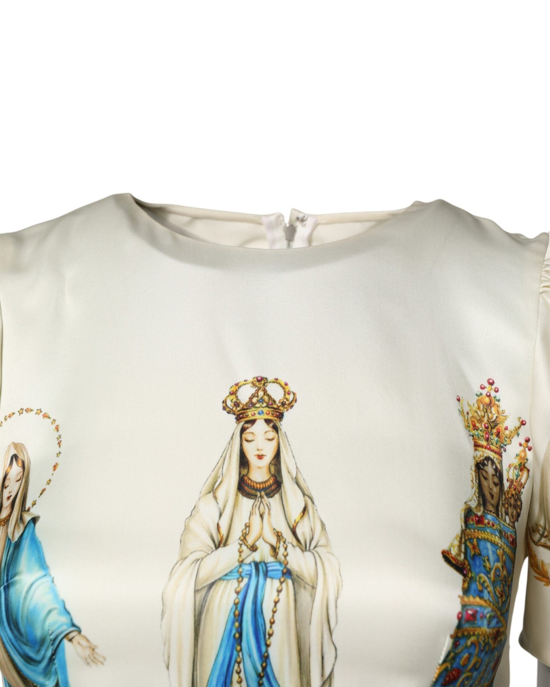Dolce & Gabbana Beige Silk Madonne Print Short Sleeve Dress Glam Steals