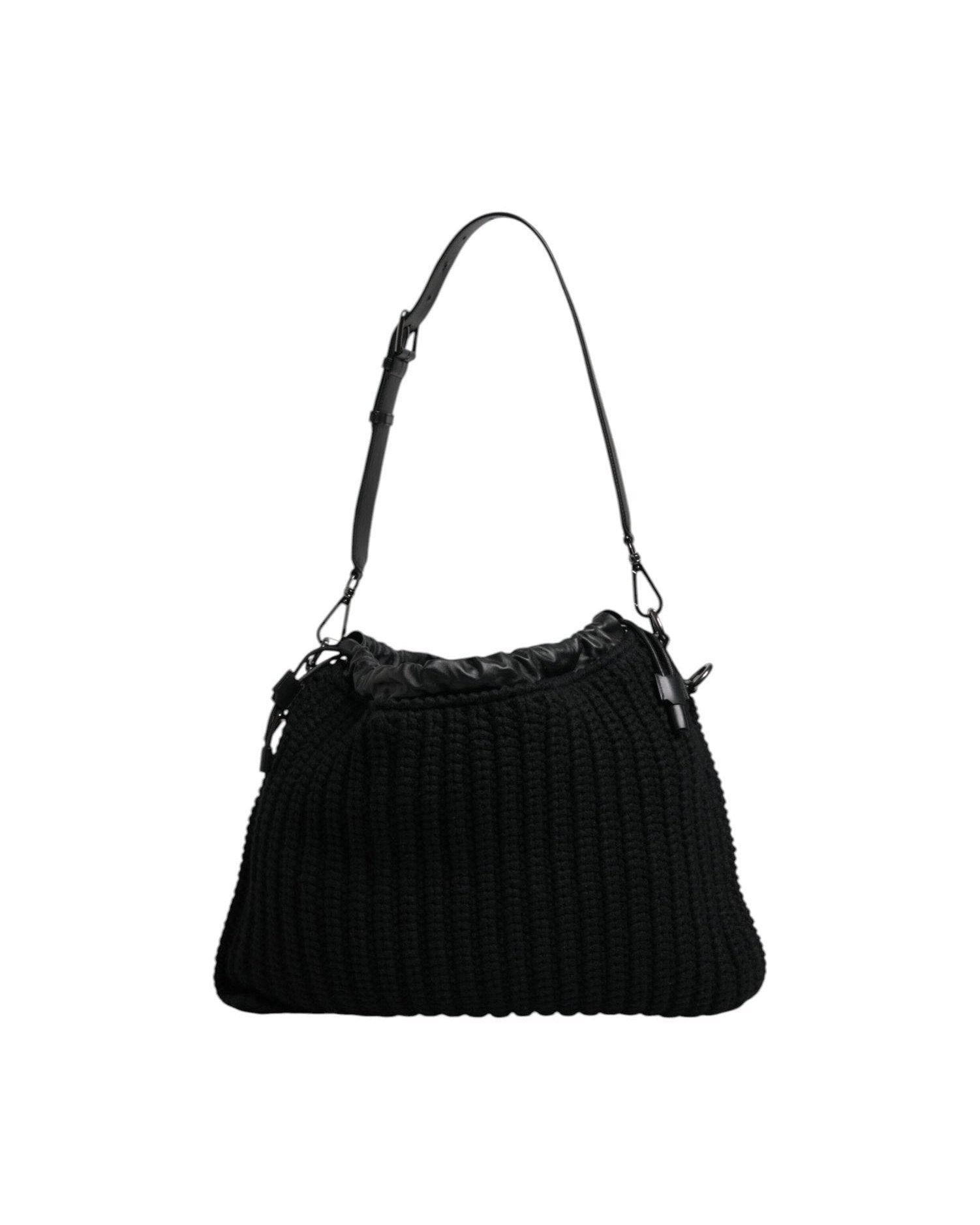 Dolce & Gabbana Black Cashmere Knitted Leather Shoulder Bag Shoulder Bags