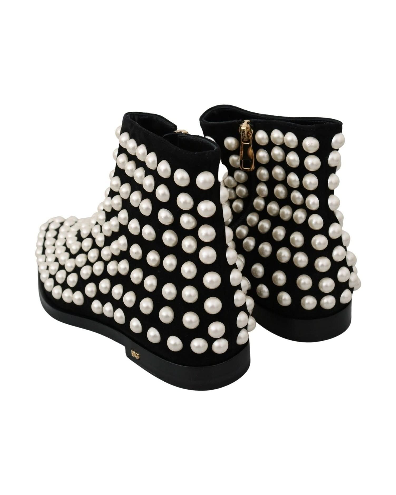 Dolce & Gabbana Pearl Embellished Black Suede Ankle Boots Boots