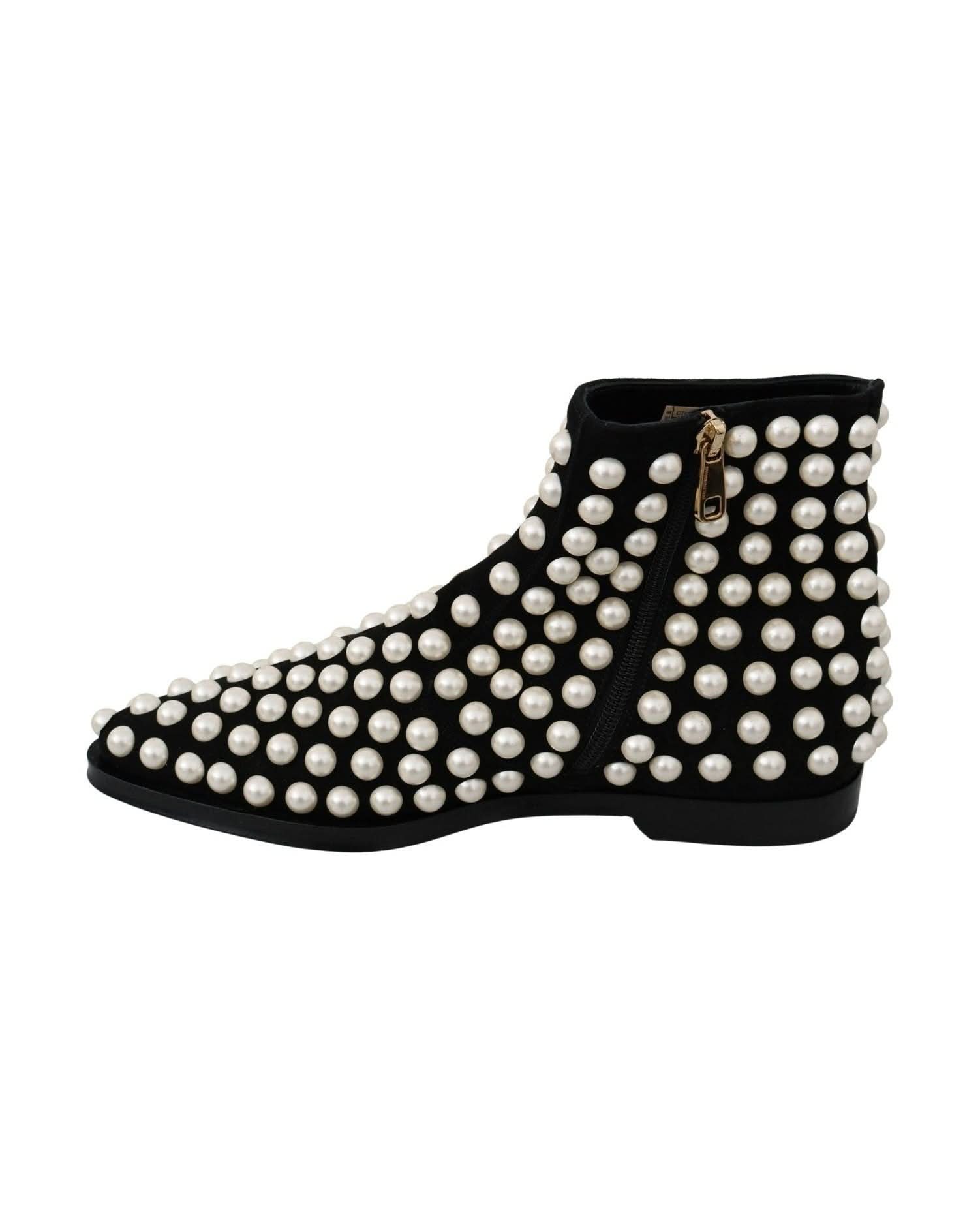 Dolce & Gabbana Pearl Embellished Black Suede Ankle Boots Boots