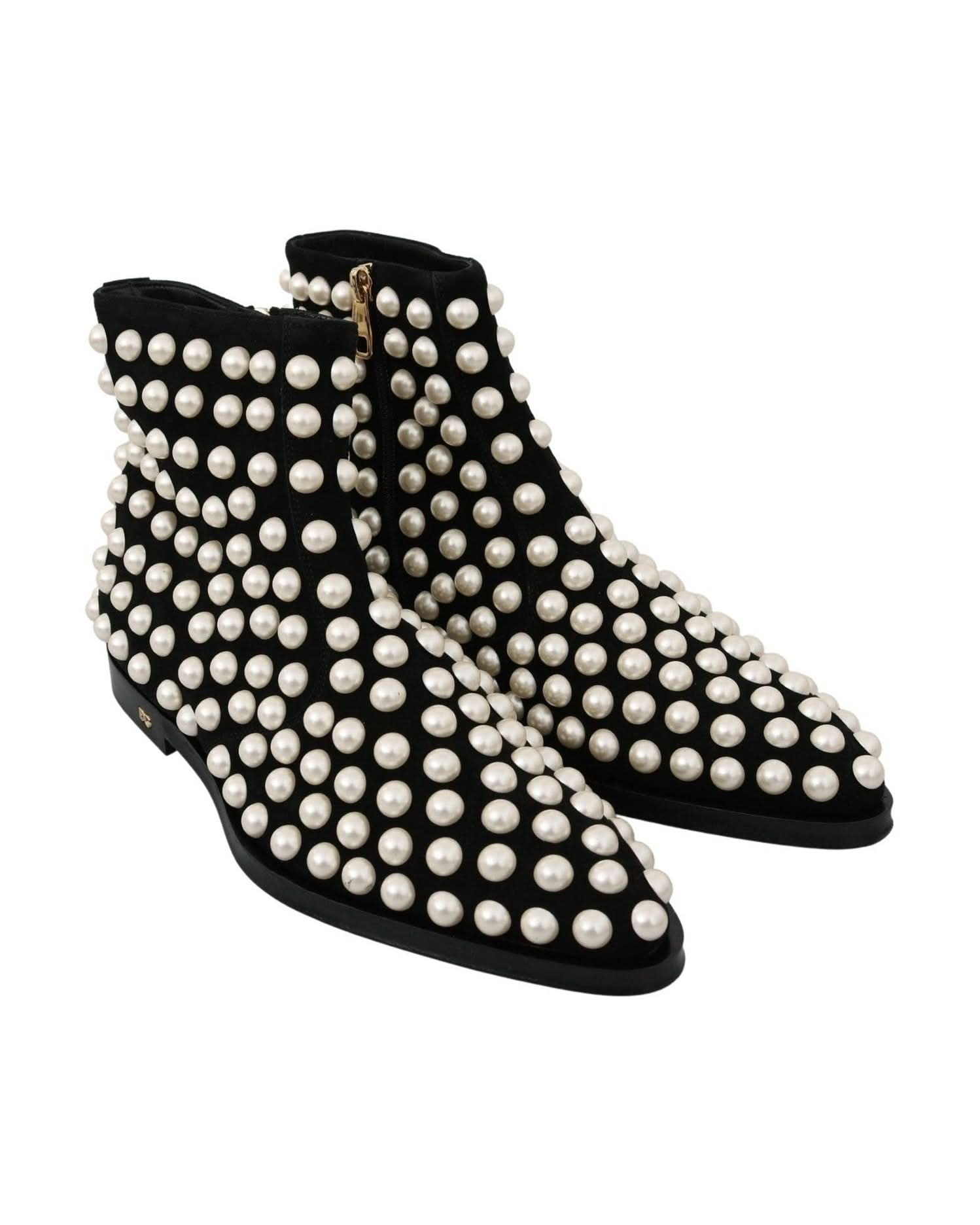 Dolce & Gabbana Pearl Embellished Black Suede Ankle Boots Boots