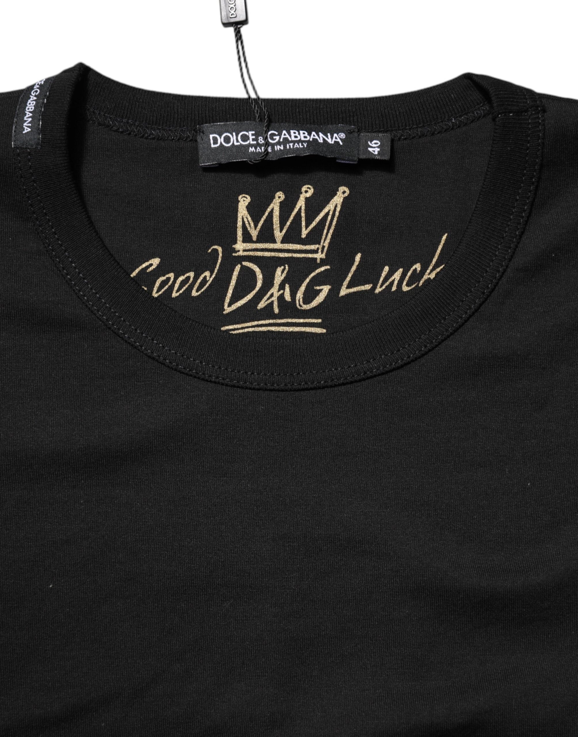 Dolce & Gabbana Black Cotton Goodluck Tee Crew Neck T-shirt Glam Steals