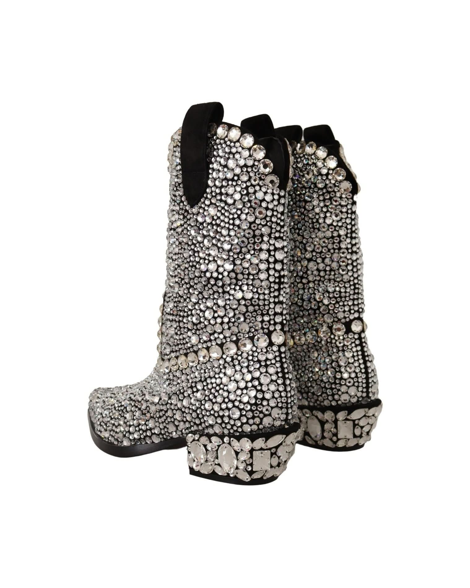 Dolce & Gabbana Black Crystal-Embellished Suede Boots Boots