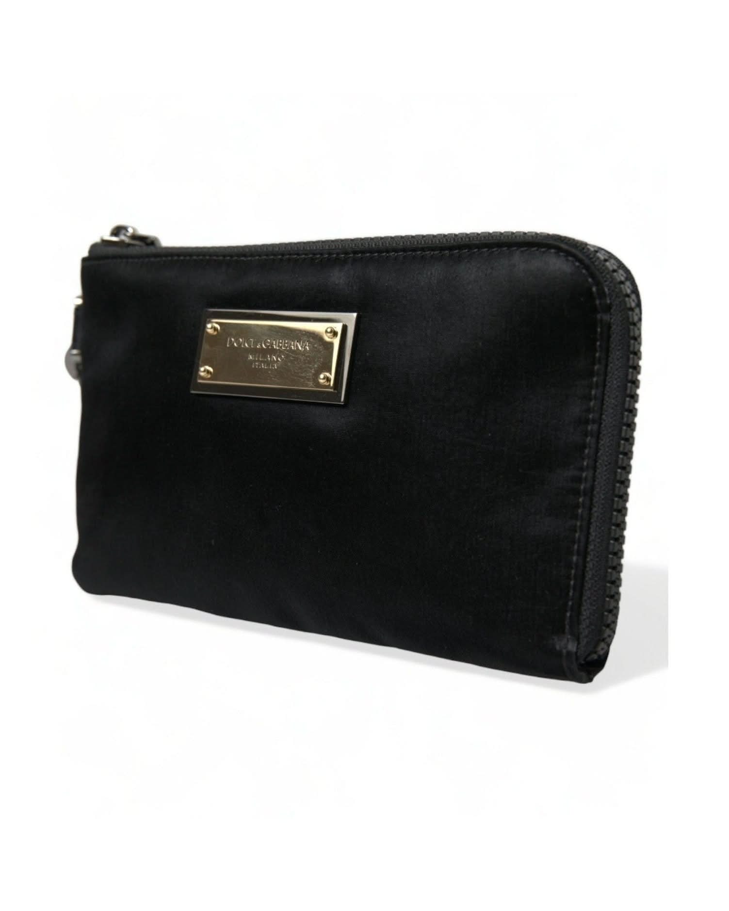 Dolce & Gabbana Black Nylon Leather Pouch With Decorative Details Clutch Bags