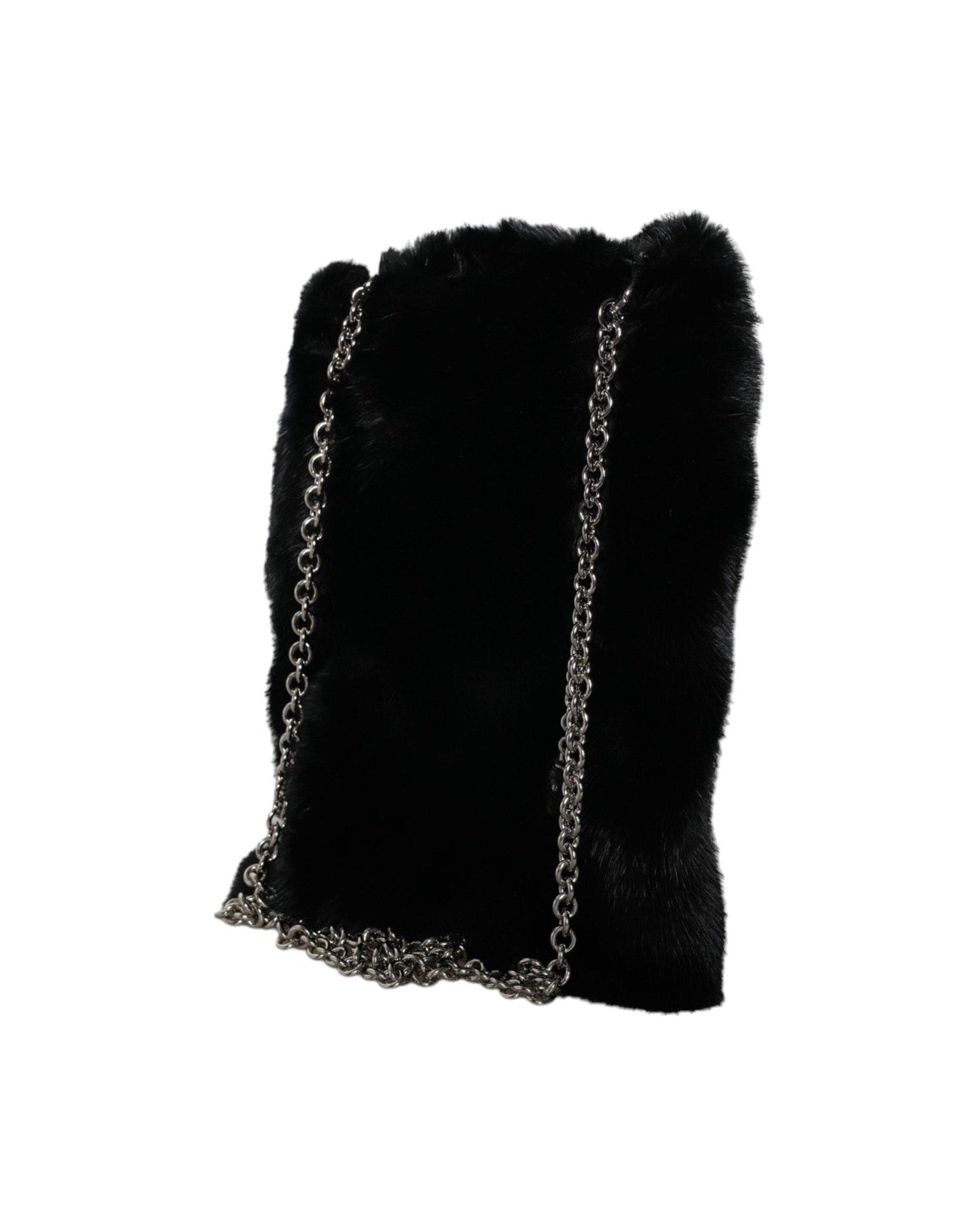 Dolce & Gabbana Faux Fur Chain Crossbody Shoulder Purse Black Silver Bag Glam Steals