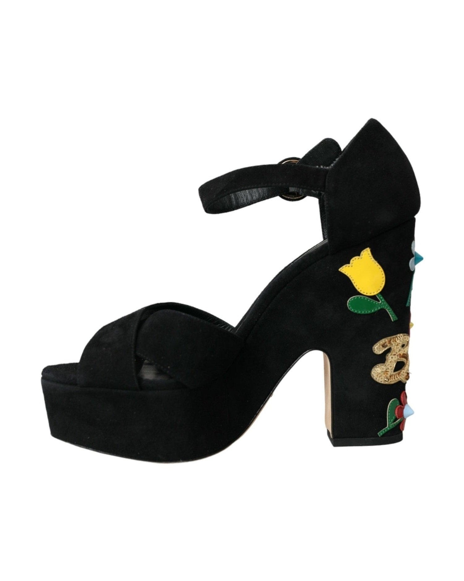 Dolce & Gabbana Black Floral Ankle Strap Heels Sandals Shoes Glam Steals
