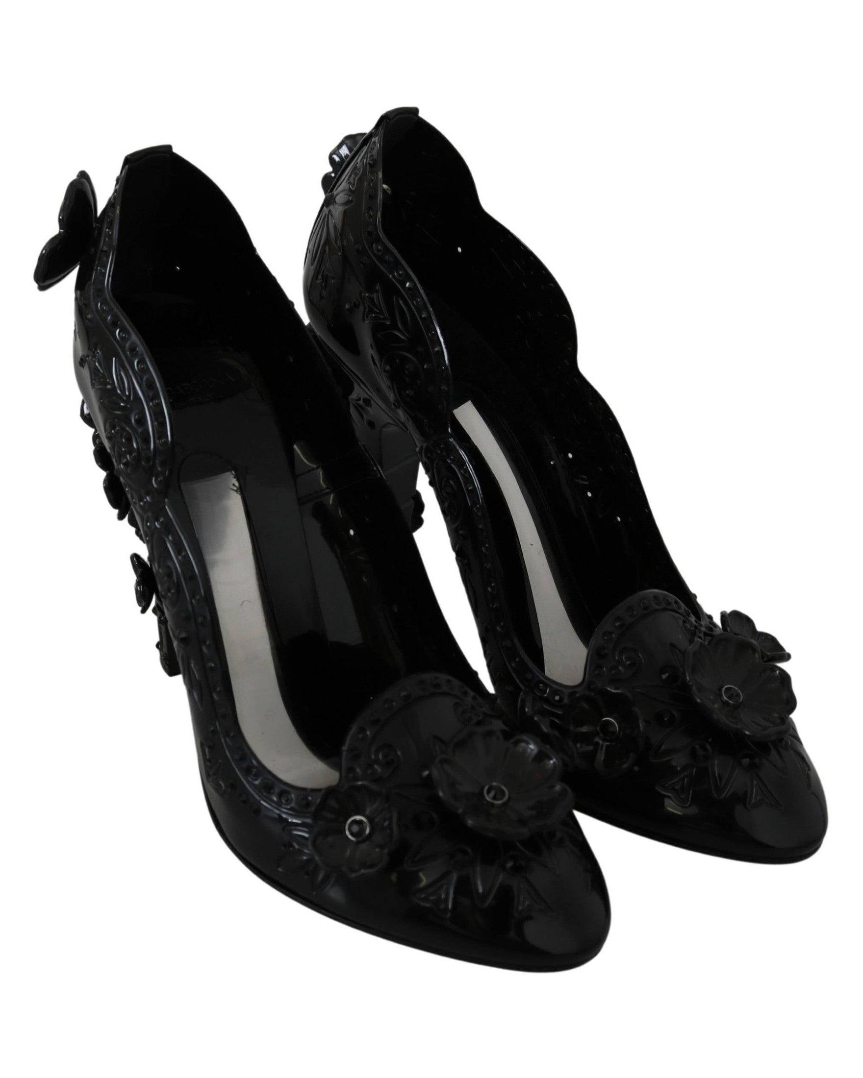 Dolce & Gabbana Black Floral Crystal Cinderella Heels Heels