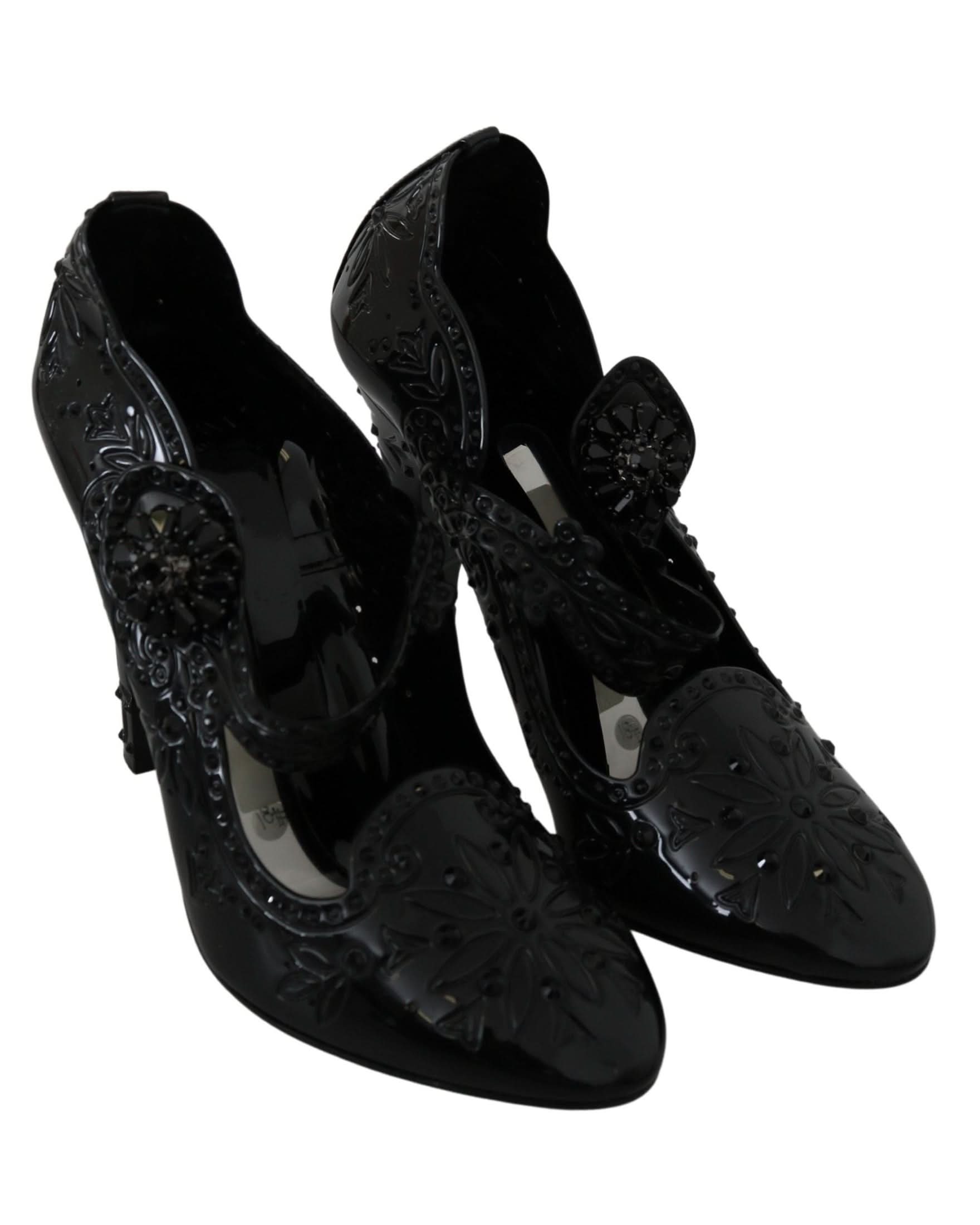 Dolce & Gabbana Black Floral Crystal Cinderella Heels Heels