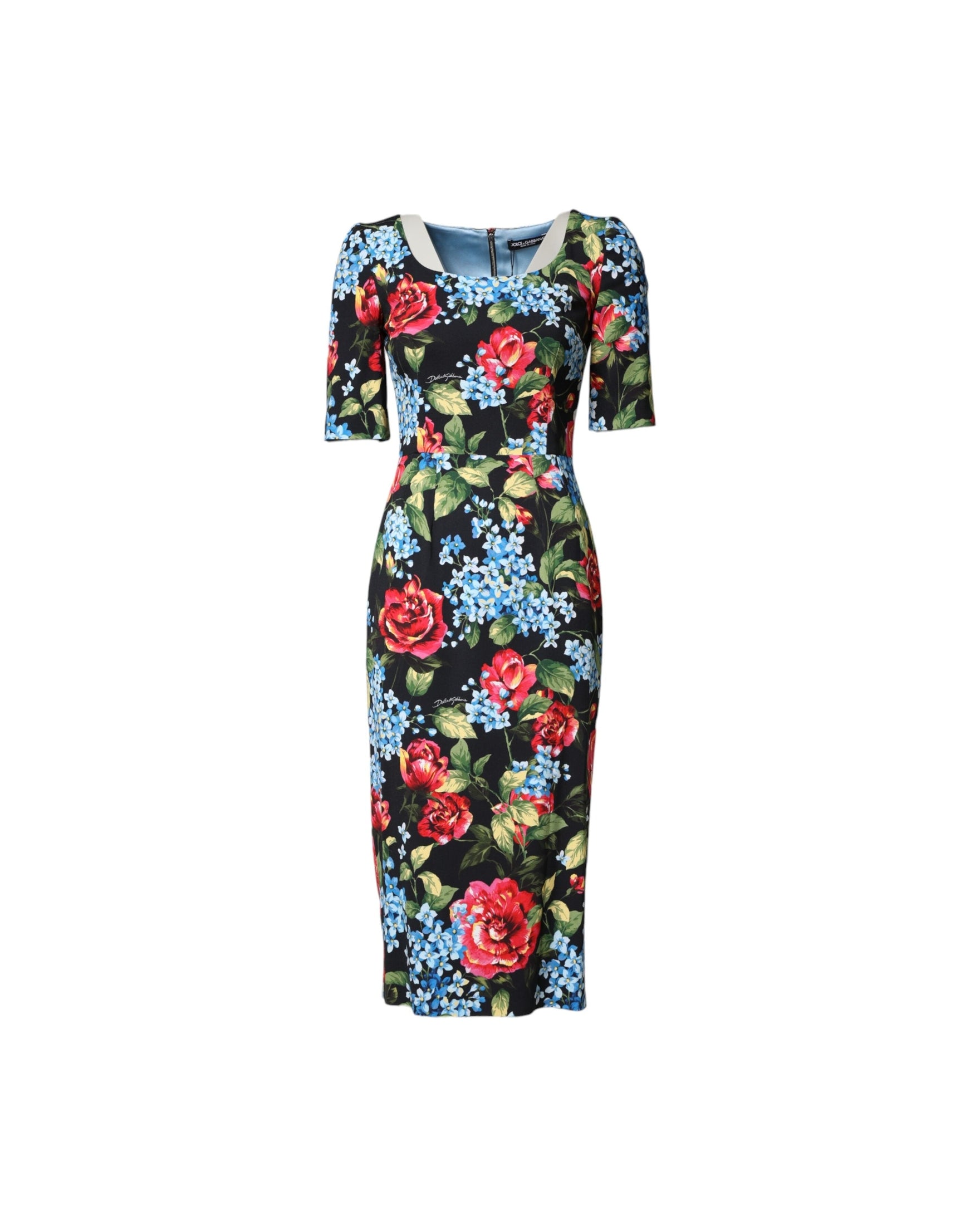 Dolce & Gabbana Black Floral Print Viscose Sheath Midi Dress Glam Steals