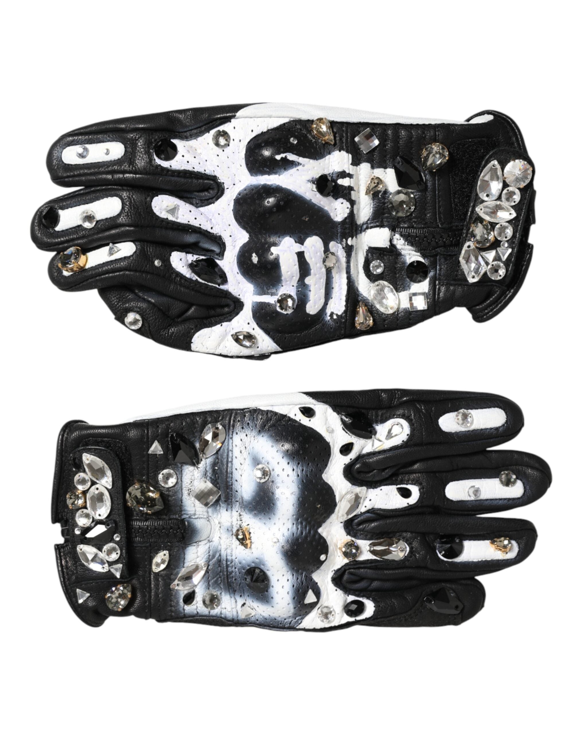 Dolce & Gabbana Black Gloves White Crystal Wrist Length Mitten Glam Steals