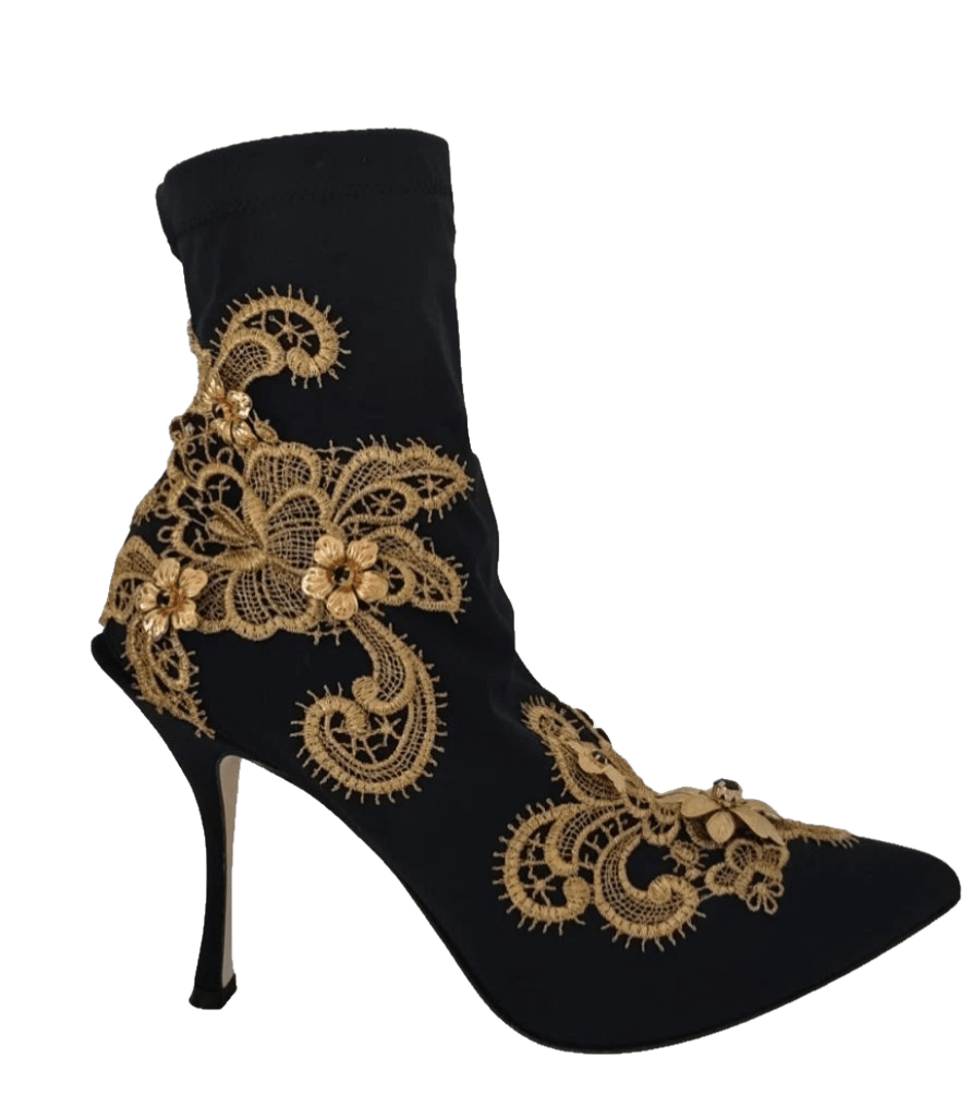 Dolce & Gabbana Black Gold Embroidery Crystal Boots Shoes Glam Steals