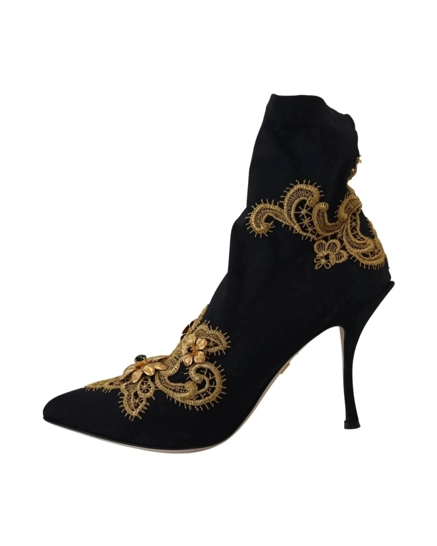 Dolce & Gabbana Black Gold Embroidery Crystal Boots Shoes Boots