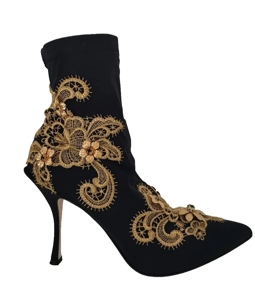 Dolce & Gabbana Black Gold Embroidery Crystal Boots Shoes Glam Steals