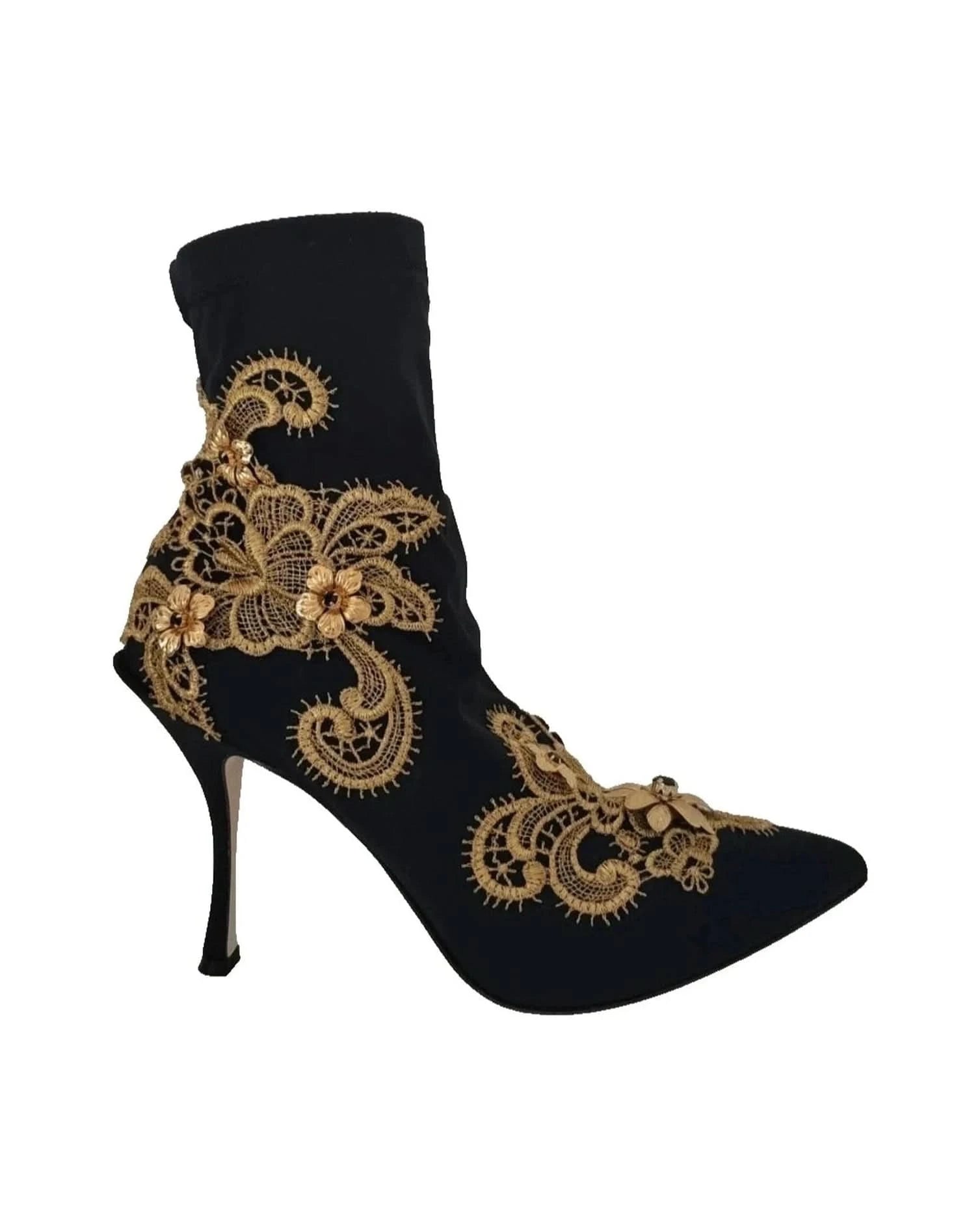 Dolce & Gabbana Black Gold Embroidery Crystal Boots Shoes Boots