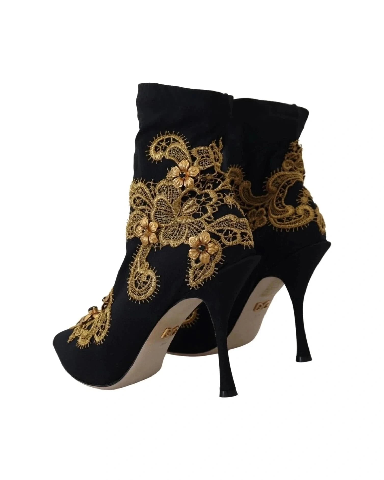 Dolce & Gabbana Black Gold Embroidery Crystal Boots Shoes Boots