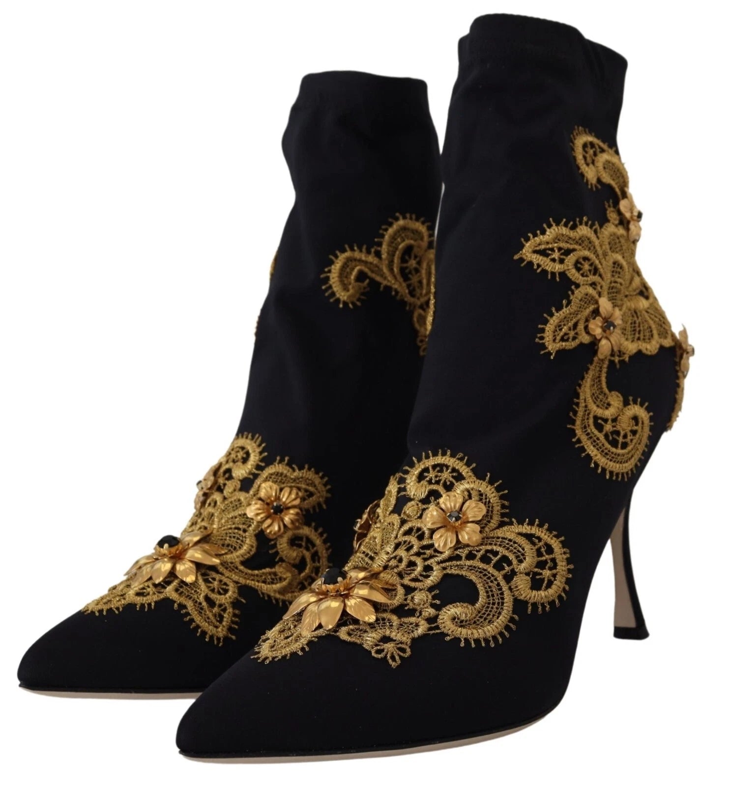 Dolce & Gabbana Black Gold Embroidery Crystal Boots Shoes Glam Steals