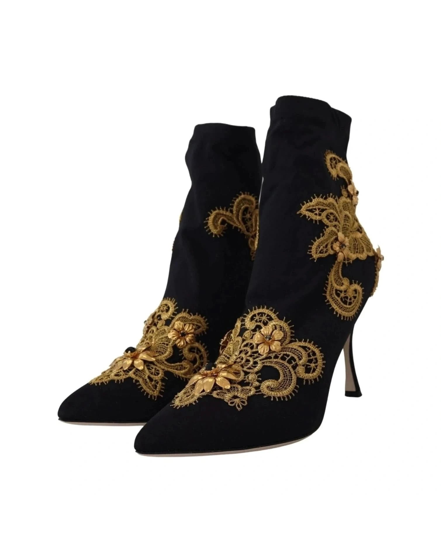 Dolce & Gabbana Black Gold Embroidery Crystal Boots Shoes Boots