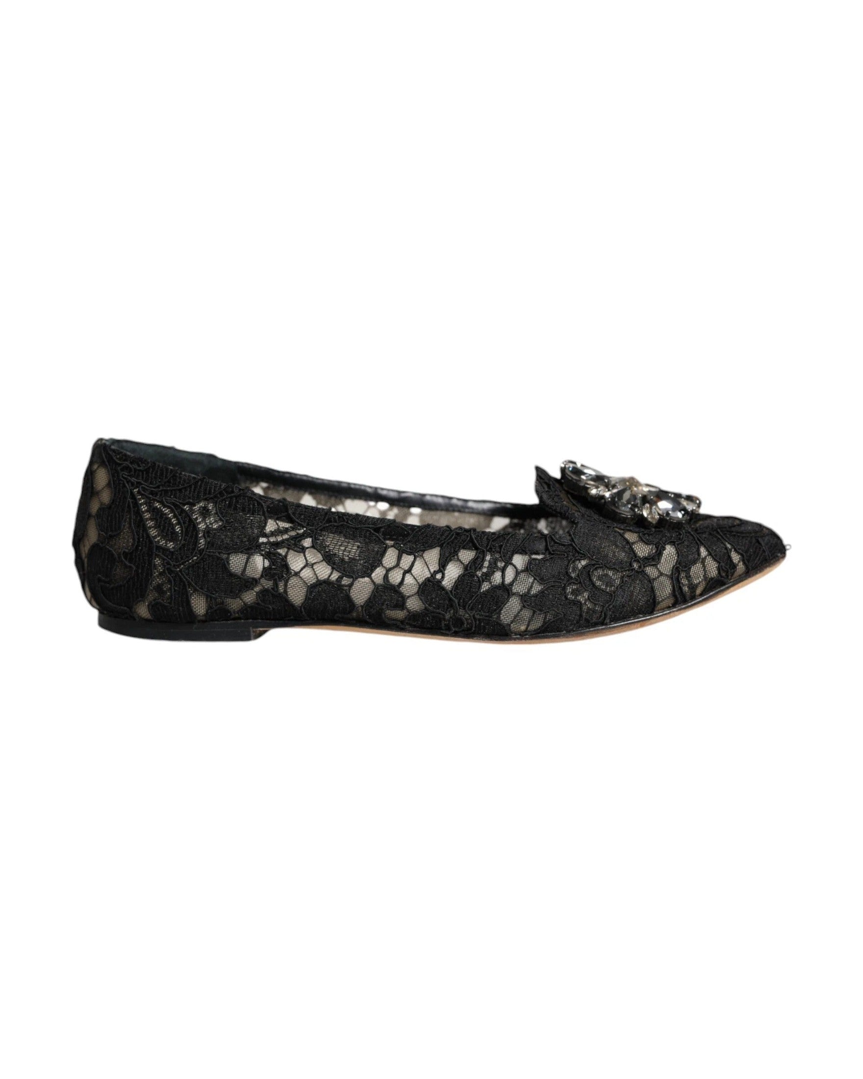 Dolce & Gabbana Black Lace Crystal Ballet Flats Loafer Shoes Flats